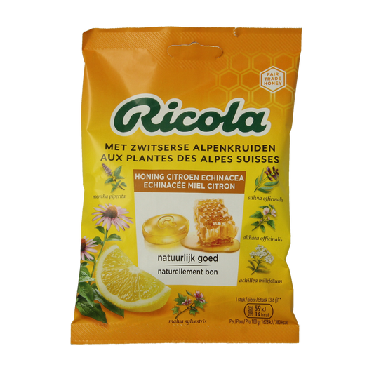 Ricola honey lemon echinacea lozenges in a 75g package, showcasing the candy pieces with lemon and honey flavors and echinacea herbs.