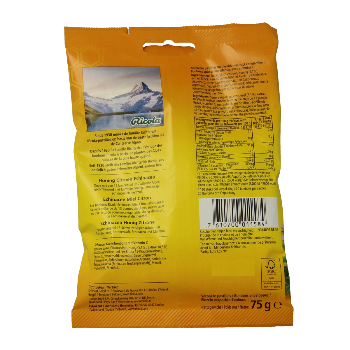 Ricola honey lemon echinacea lozenges in a 75g package, showing the candy pieces with honey lemon flavor and herbal ingredients.