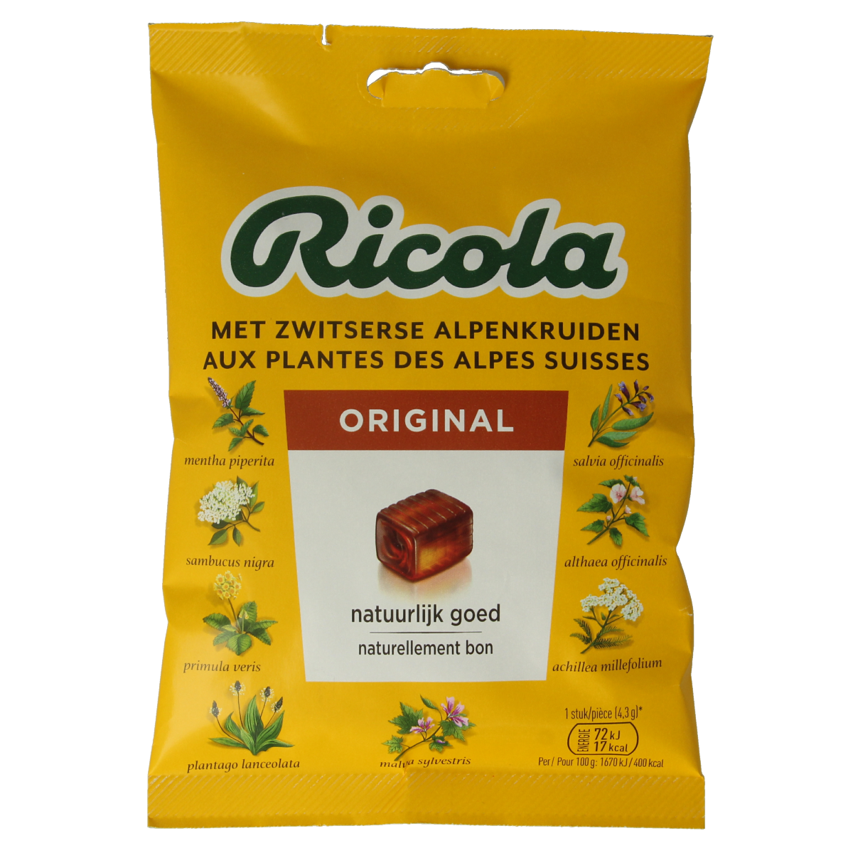 Ricola Original snoepgoed zakje with 75g of herbal candies, featuring Ricola branding and colorful packaging.