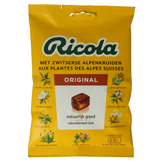 Ricola Original snoepgoed zakje with 75g of herbal candies, featuring Ricola branding and colorful packaging.