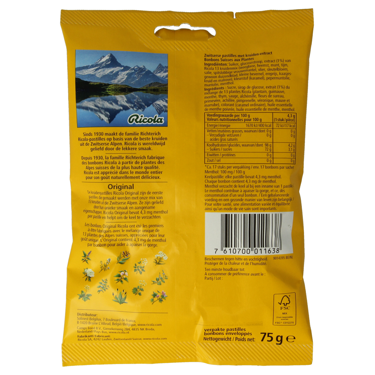 Ricola Original snoepgoed zakje containing 75 grams of herbal cough drops and lozenges in a transparent bag.