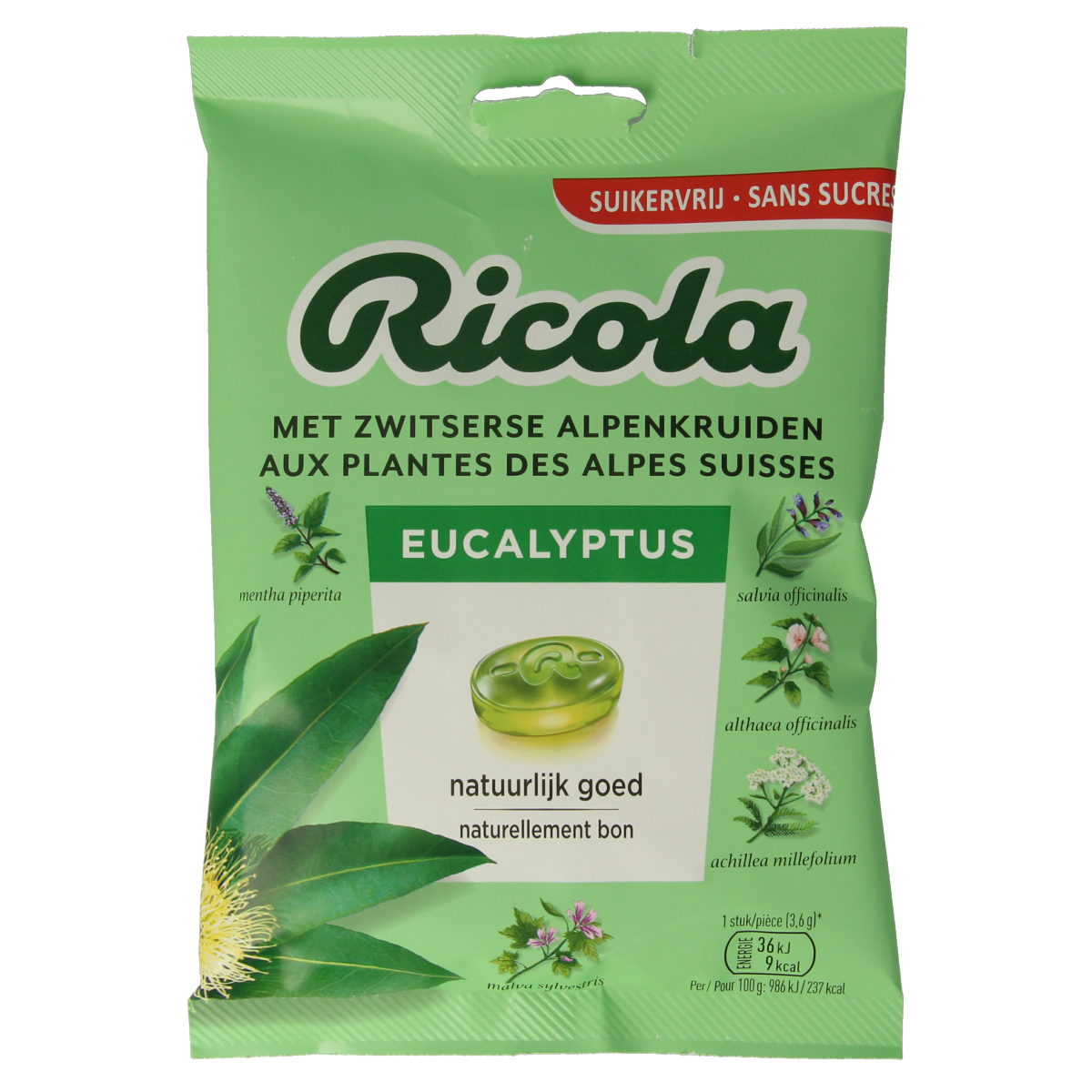 Ricola eucalyptus sugar-free cough drops in a 75g package, showing the herbal candy with eucalyptus flavor.