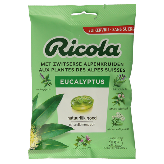 Ricola eucalyptus sugar-free cough drops in a 75g package, showing the herbal candy with eucalyptus flavor.
