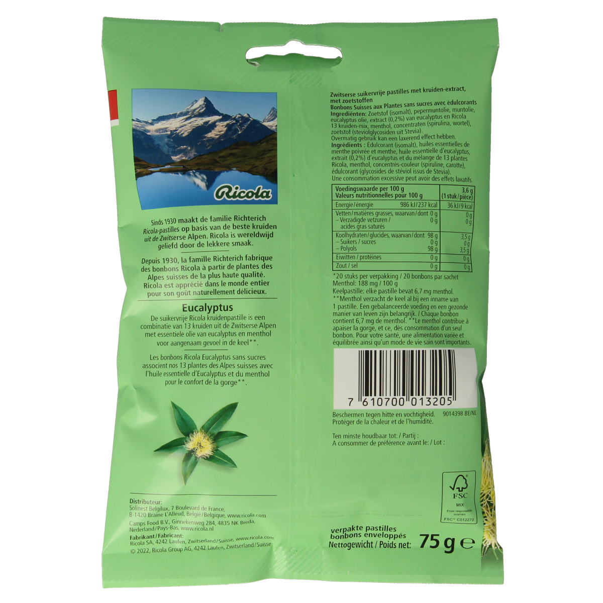 Ricola Eucalyptus sugar-free lozenges in 75g package, showing the herbal candy with eucalyptus flavor and Ricola branding.