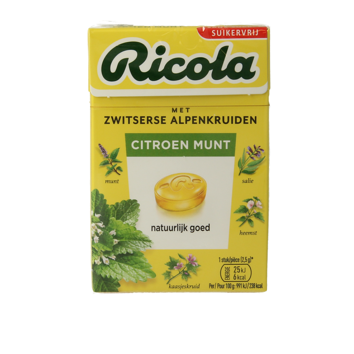 Ricola Citroen munt sugar-free candy box, 50g, featuring lemon and mint flavors in a compact packaging.