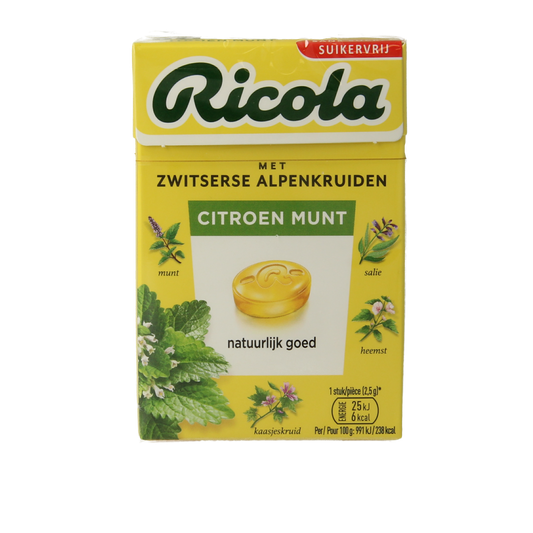Ricola Citroen munt sugar-free candy box, 50g, featuring lemon and mint flavors in a compact packaging.