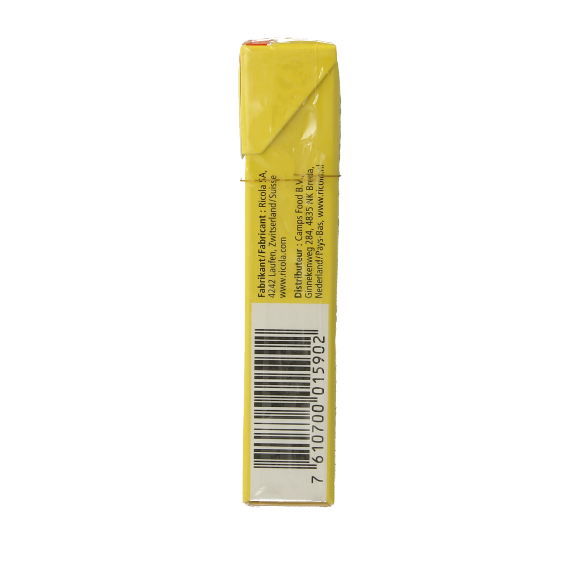 Ricola Citroen mint sugar-free candy box, 50g, featuring lemon and mint flavors in a colorful packaging.