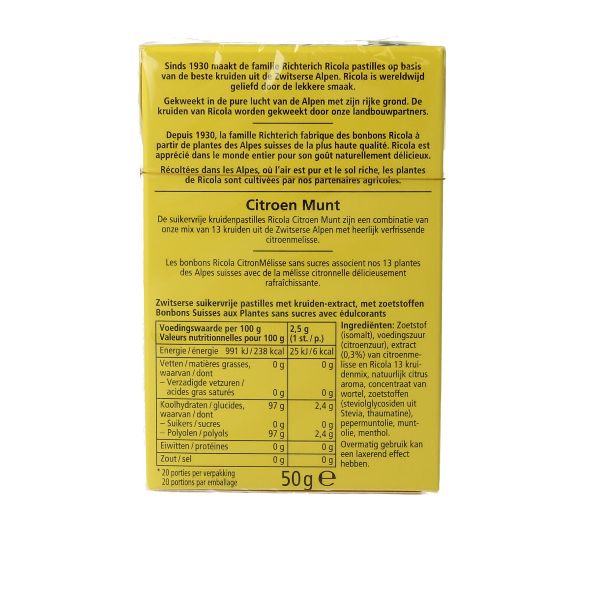 Ricola Citroen munt sugar-free candy box showing 50g package with lemon and mint flavored lozenges.