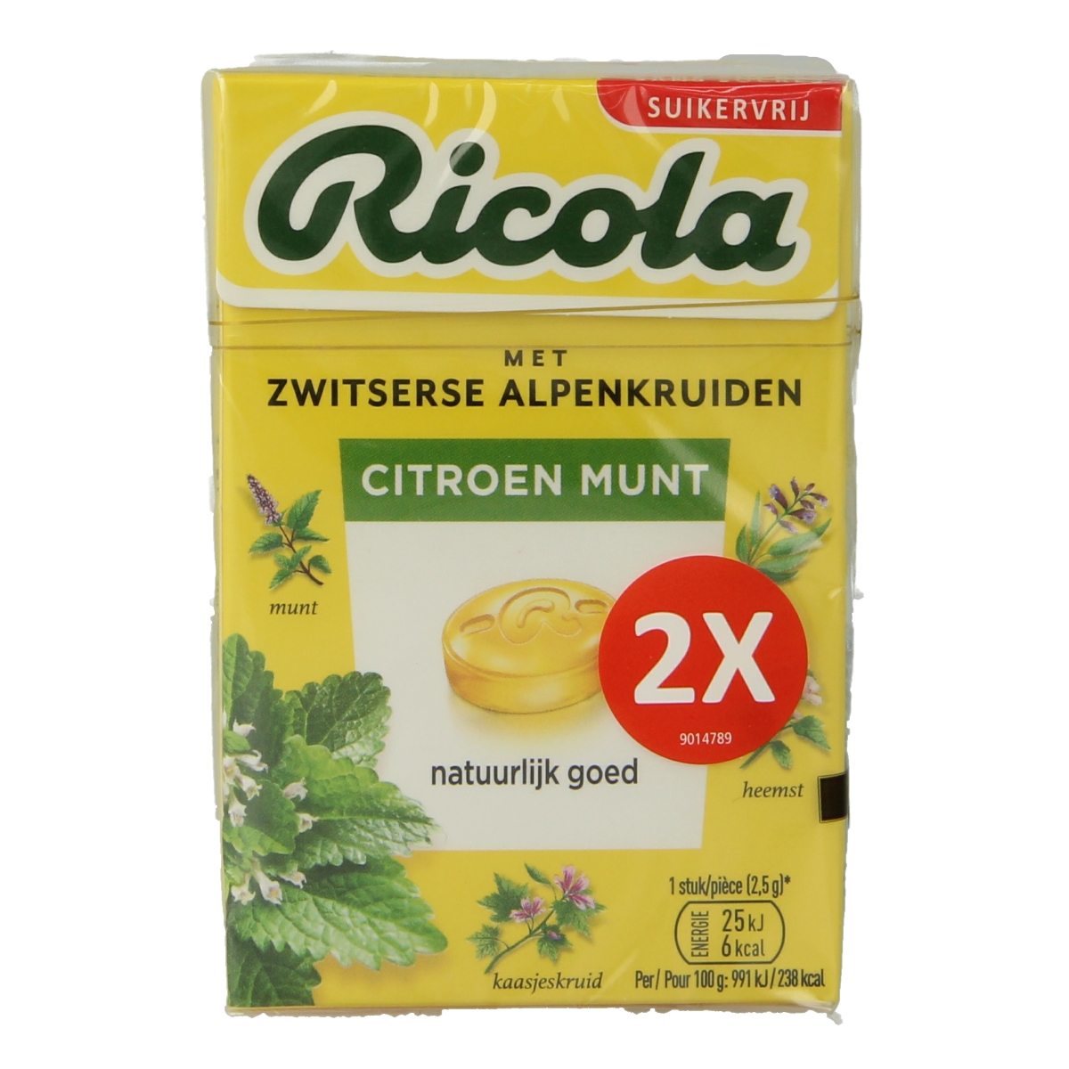 Ricola Citroen munt sugar-free lozenges in a duopak, 100 grams, featuring lemon and mint flavor, packaged in a clear plastic container.