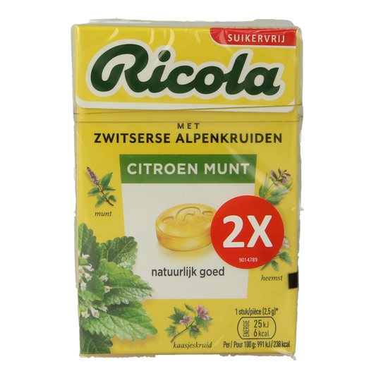 Ricola Citroen munt sugar-free lozenges in a duopak, 100 grams, featuring lemon and mint flavor, packaged in a clear plastic container.