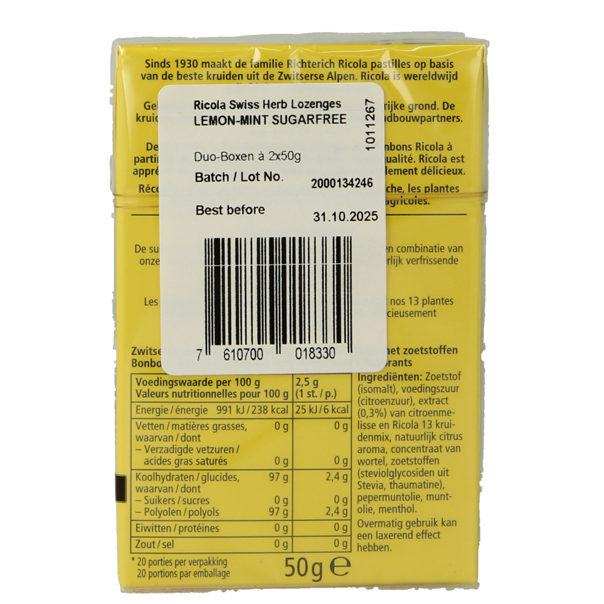 Ricola Citroen munt sugar-free lozenges in a duopak, 100 grams, with lemon and mint flavor and Ricola branding.