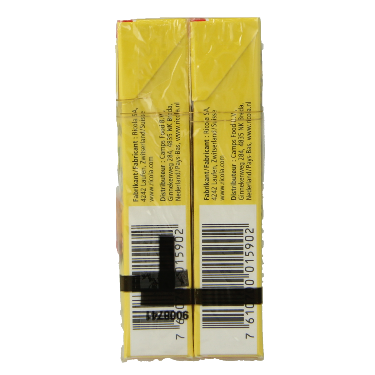 Ricola Citroen munt suikerloze snoepgoed duopak, 100 gram, with lemon and mint flavor, in a clear packaging.