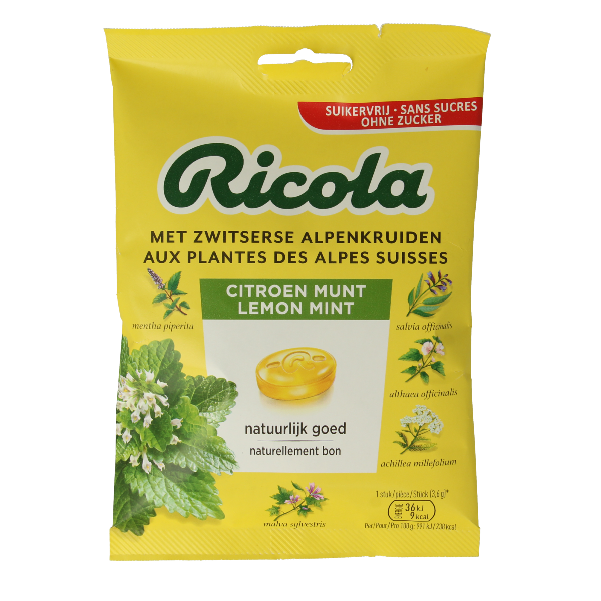 Ricola Citroen munt suikervrij snoepgoed, 75g, with lemon and mint flavor, in a colorful candy package.