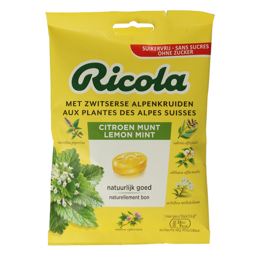 Ricola Citroen munt suikervrij snoepgoed, 75g, with lemon and mint flavor, in a colorful candy package.
