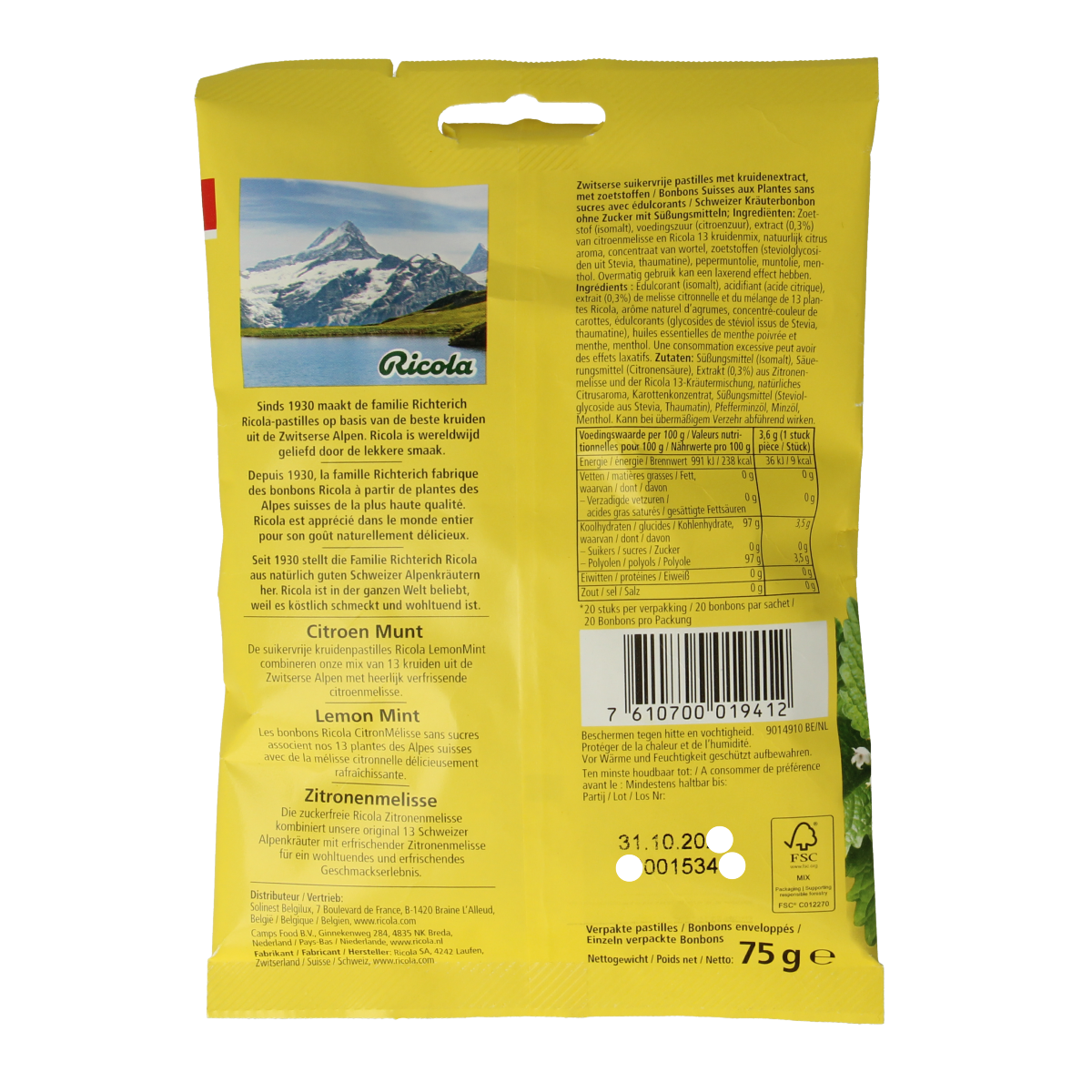 Ricola Citroen munt suikervrije snoepgoed in 75g pack, featuring lemon and mint flavors with a refreshing, sugar-free design.