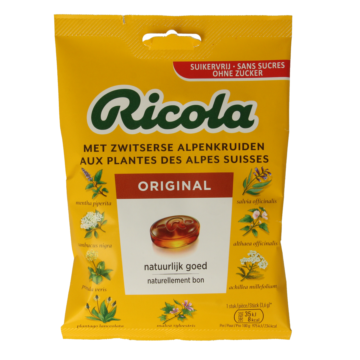 Ricola Original sugar-free candy in a 75g package, featuring herbal lozenges with Ricola branding and colorful packaging.