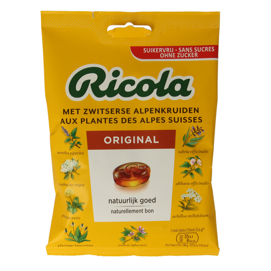 Ricola Original sugar-free candy in a 75g package, featuring herbal lozenges with Ricola branding and colorful packaging.