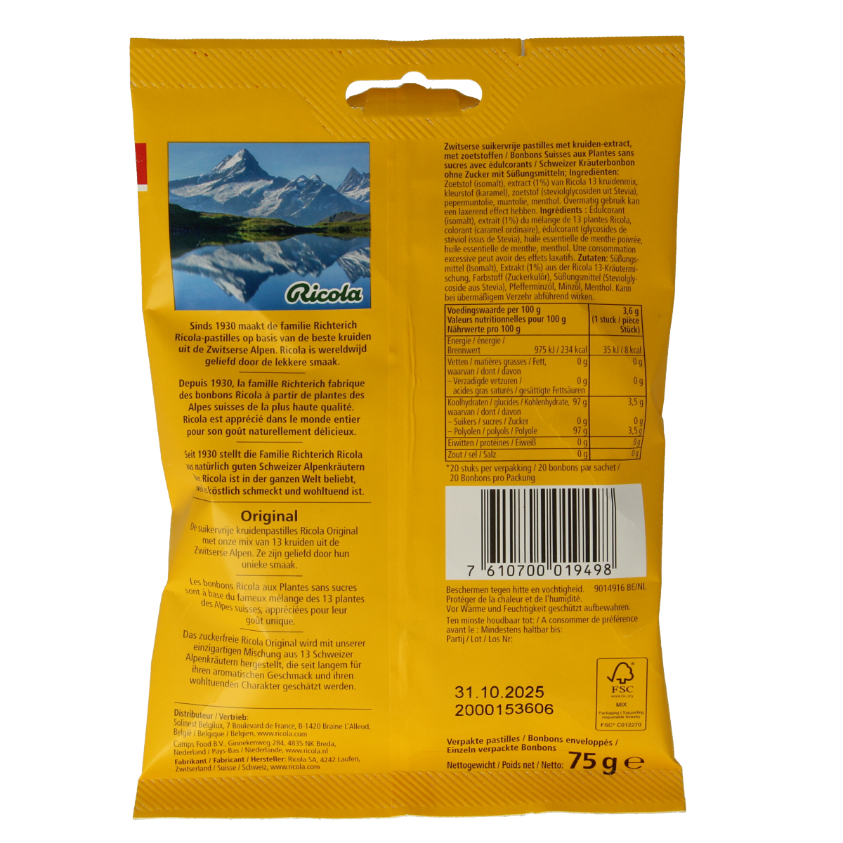 Ricola Original sugar-free lozenges in 75g pack, featuring herbal cough drops with natural flavor and distinctive branding.