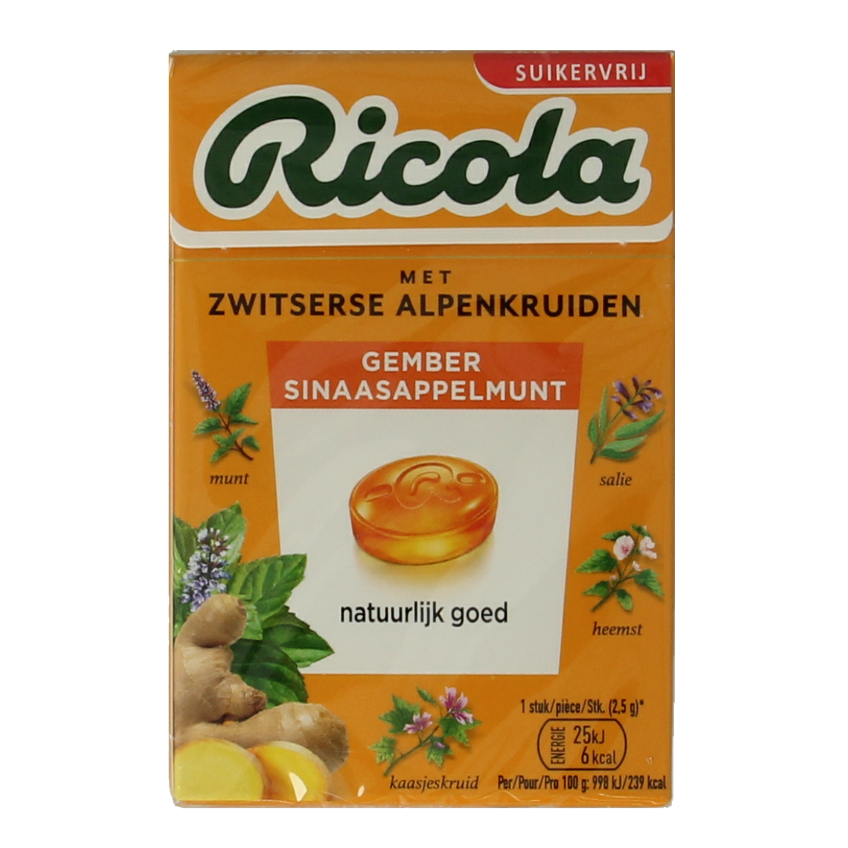Ricola Gember Sinaasappelmunt sugar-free candy package, 50 grams, featuring ginger and orange flavors in a colorful wrapper.