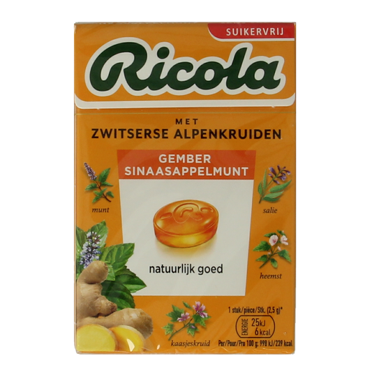 Ricola Gember Sinaasappelmunt sugar-free candy package, 50 grams, featuring ginger and orange flavors in a colorful wrapper.