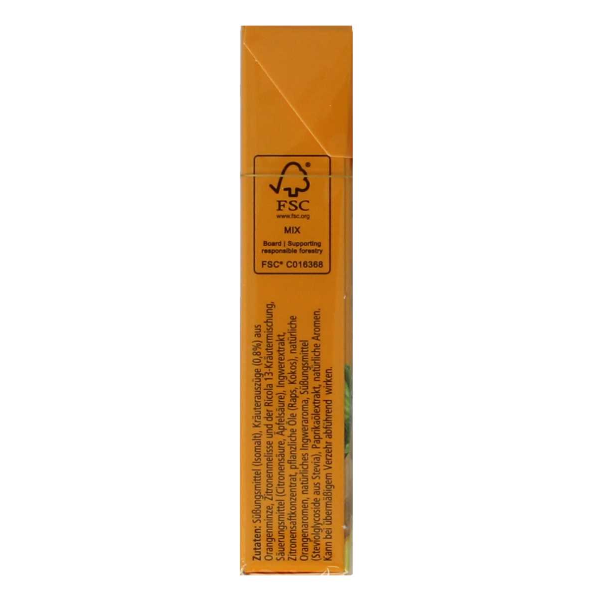 Ricola Gember sinaasappelmunt sugar-free candy packaging, 50 grams, featuring ginger, orange, and mint flavors in a colorful wrapper.