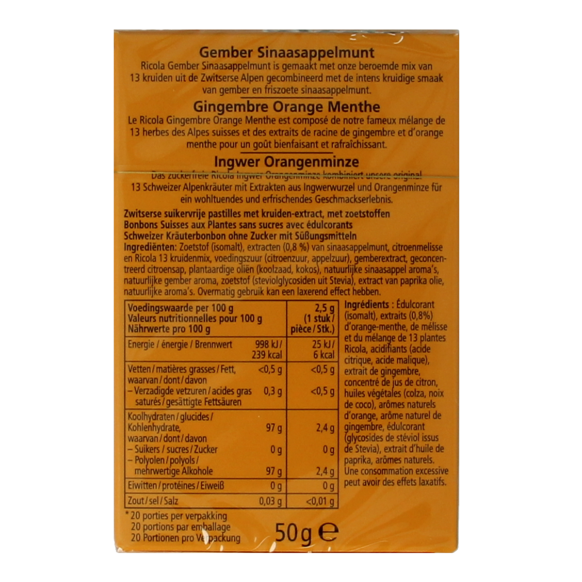 Ricola ginger orange mint sugar-free lozenges in 50g package, herbal candy with ginger, orange, and mint flavors.