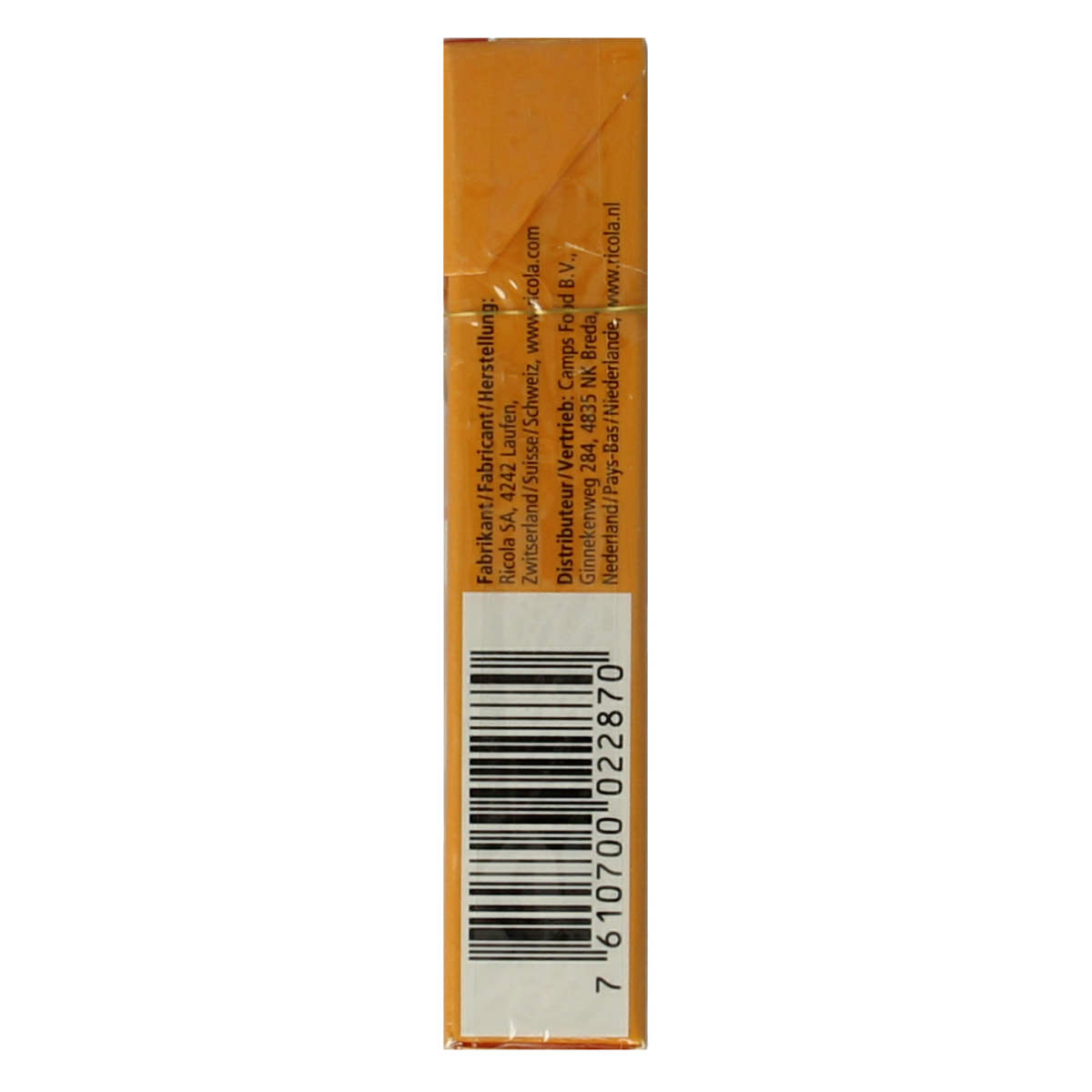 Ricola Gember sinaasappelmunt sugar-free candy in 50g package, featuring ginger, orange, and mint flavors.