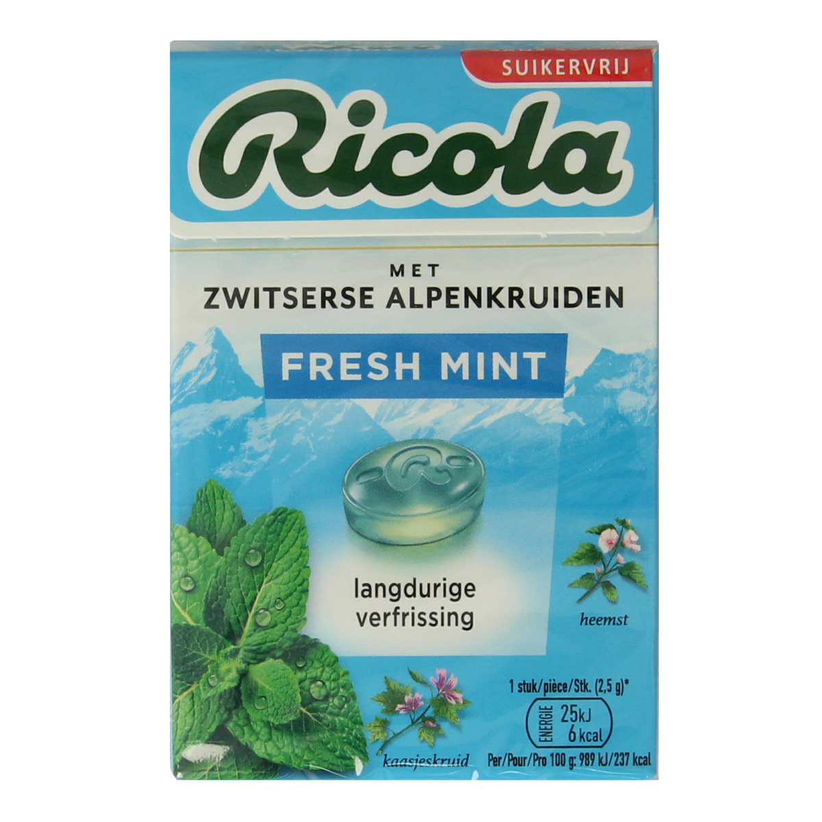 Ricola Fresh Mint sugar-free candy box, 50g, featuring peppermint-flavored lozenges in a colorful package.