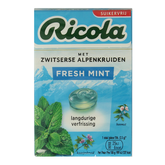 Ricola Fresh Mint sugar-free candy box, 50g, featuring peppermint-flavored lozenges in a colorful package.