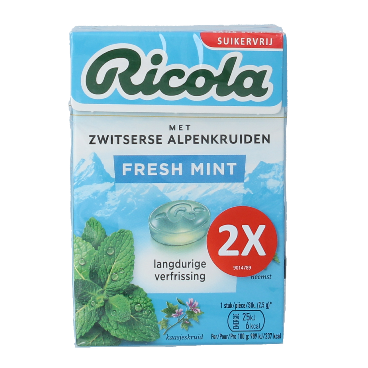 Ricola Fresh Mint sugar-free lozenges duo pack, 100g, featuring green packaging and mint-flavored candies.