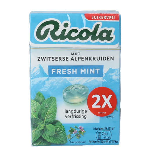 Ricola Fresh Mint sugar-free lozenges duo pack, 100g, featuring green packaging and mint-flavored candies.