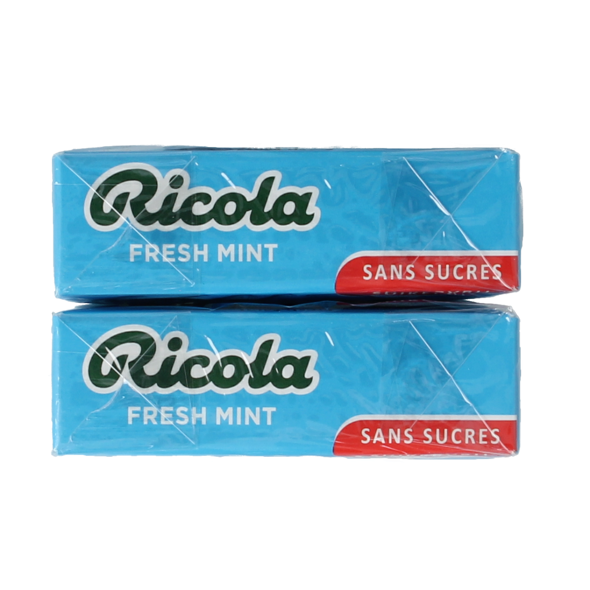 Ricola Fresh Mint sugar-free lozenges duo pack, 100 grams of herbal candies in a clear package with mint flavor.