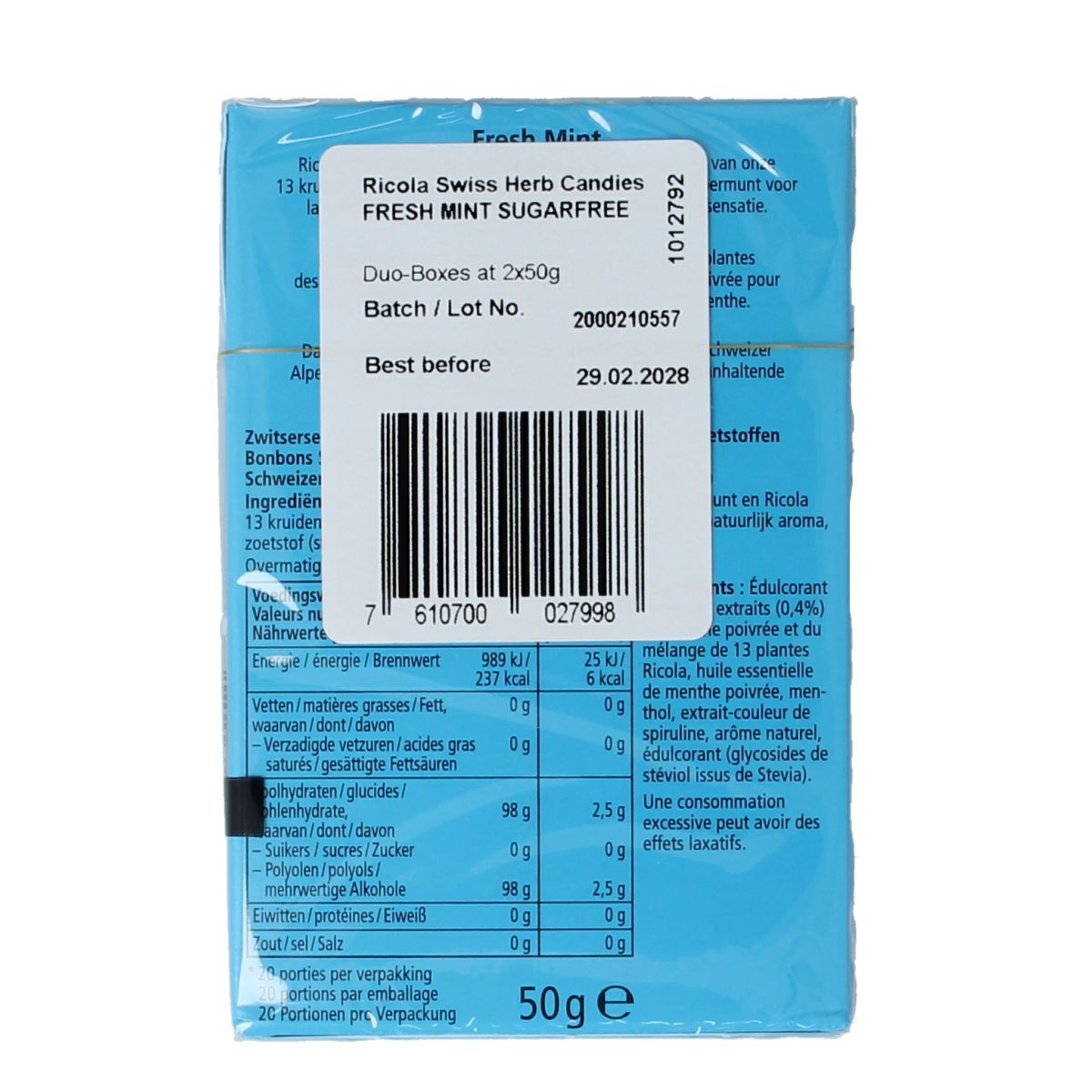 Ricola Fresh Mint sugar-free candy duo pack, 100g, featuring mint-flavored lozenges in colorful packaging.
