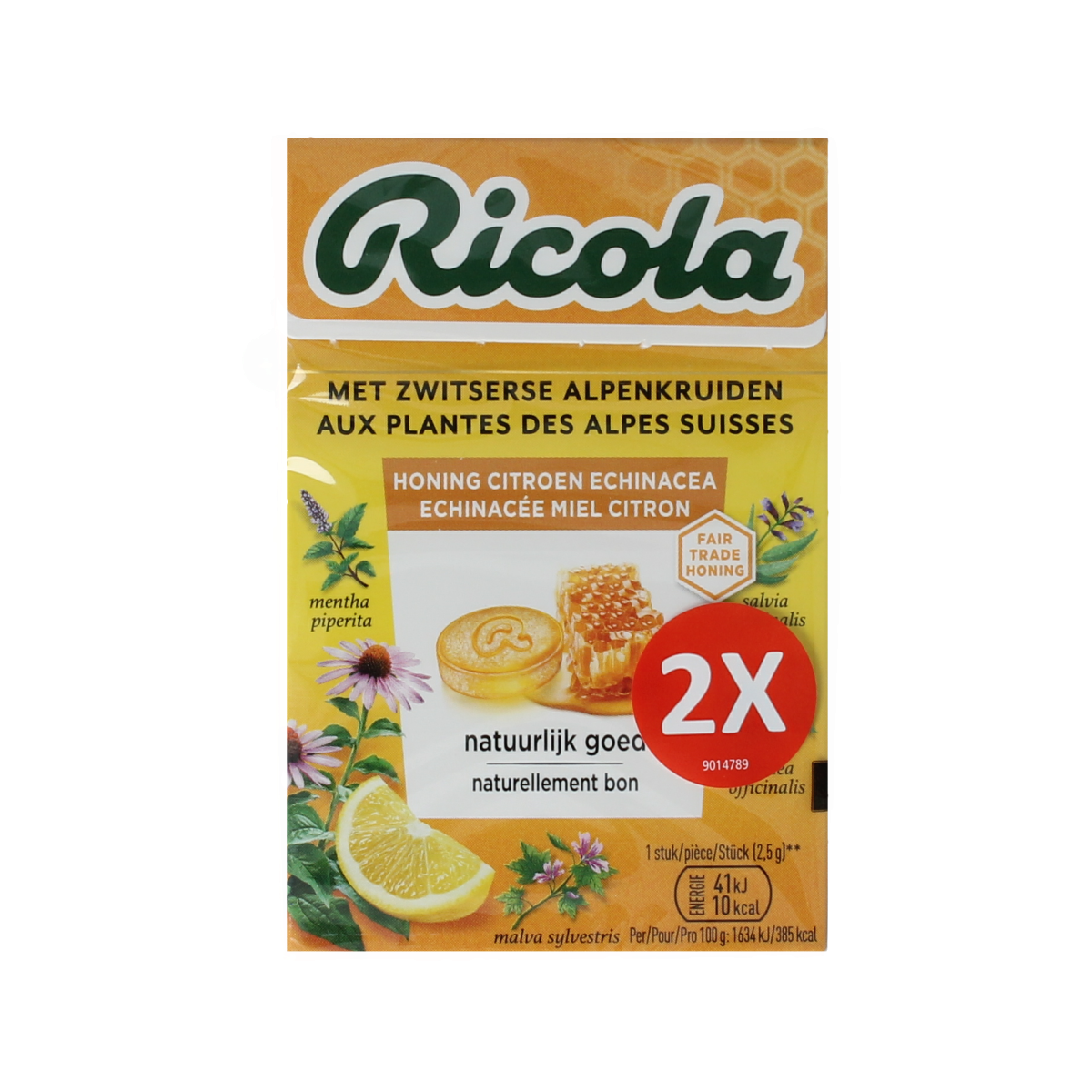 Ricola Honing Citroen Echinacea duo pack of 100g Swiss herbal candy, featuring lemon honey and echinacea flavors.