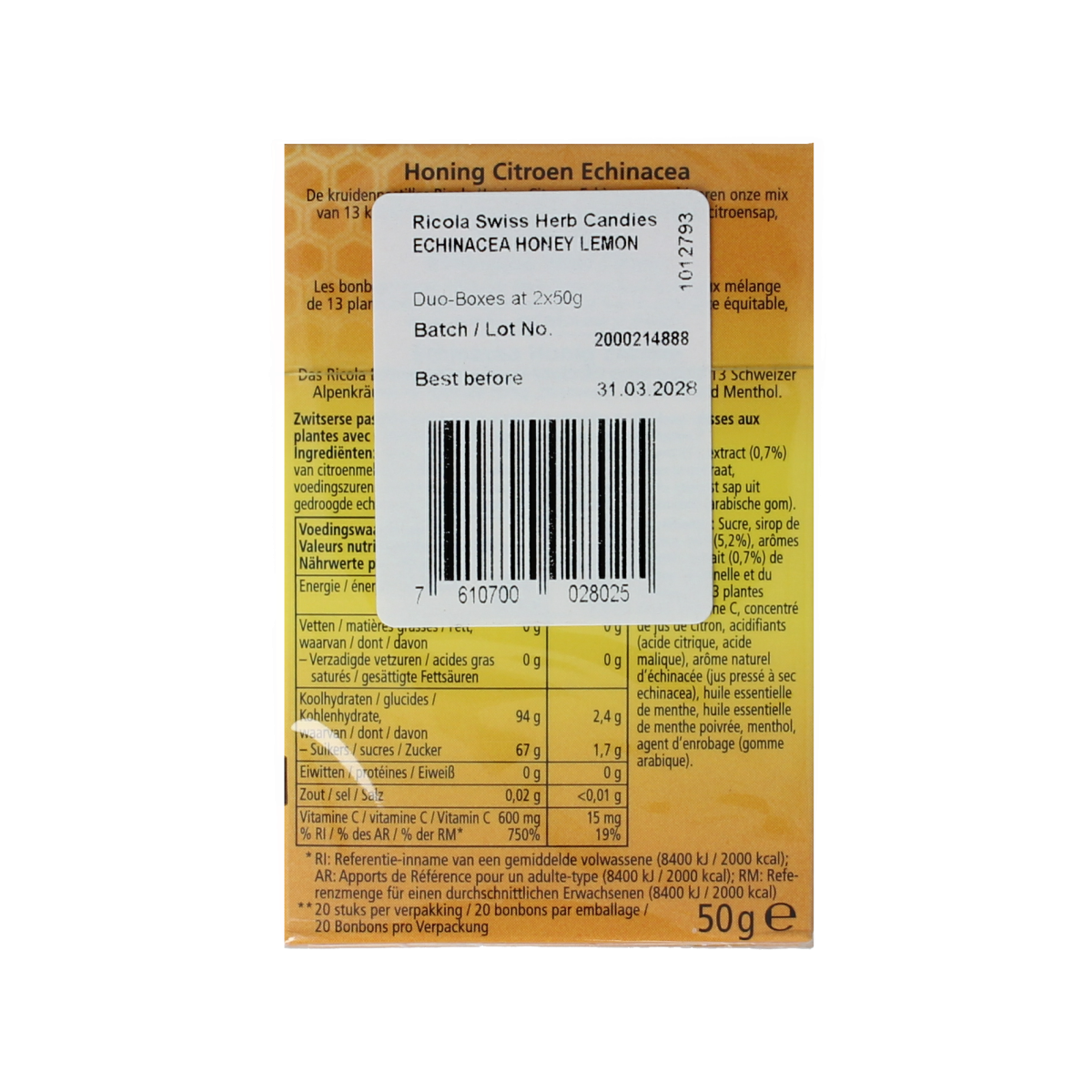 Ricola Honing Citroen Echinacea duo pack of lemon honey cough drops, 100 grams, natural herbal Swiss throat lozenges.