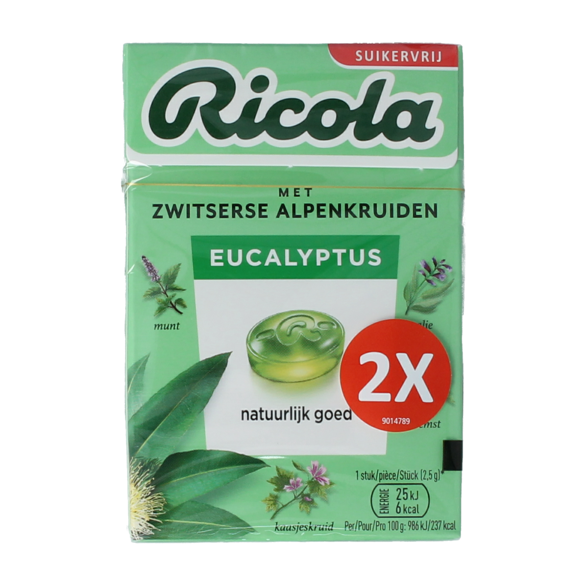Ricola Eucalyptus sugar-free lozenges in a duo pack, 100 grams, with green packaging and fresh eucalyptus flavor.