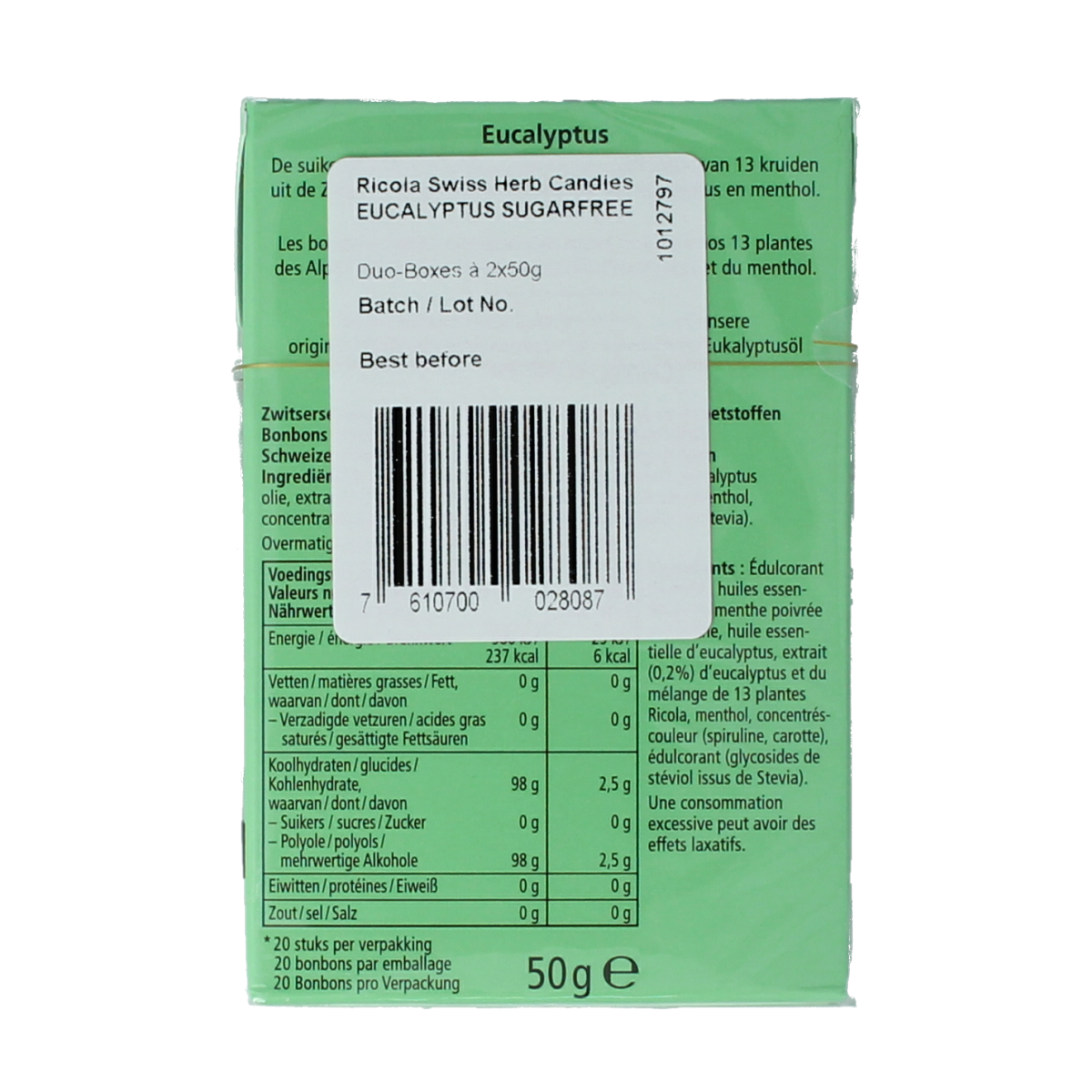 Ricola Eucalyptus sugar-free lozenges in a duo pack, 100 grams, featuring Ricola branding and eucalyptus flavor.
