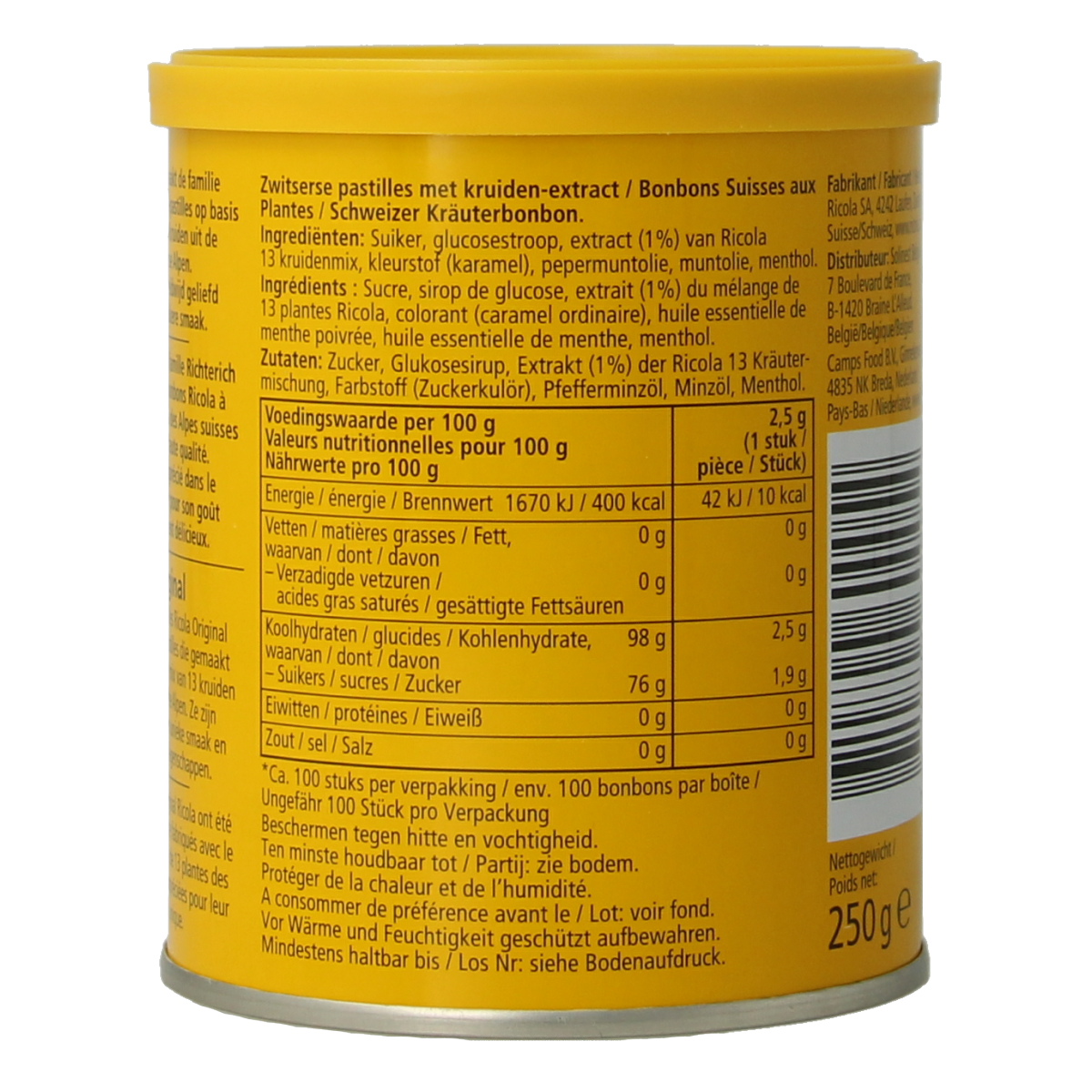 Ricola Original herbal cough drops in a 250g bag, showcasing the classic Ricola snoepgoed (candy) packaging.
