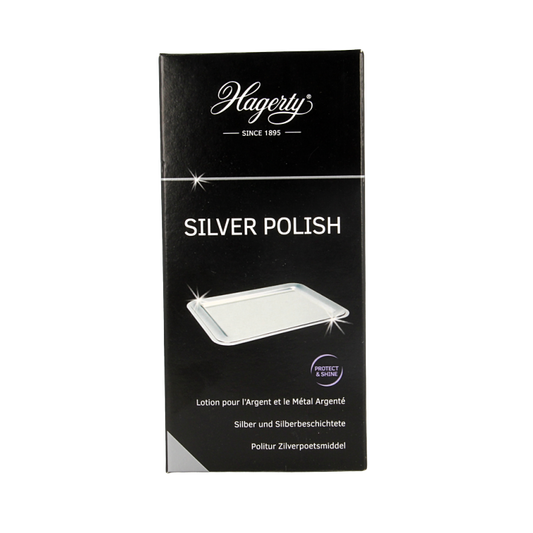 Hagerty Silver polish in a 250ml bottle, cleaning and restoring silver jewelry and tableware with a smooth, shiny finish.