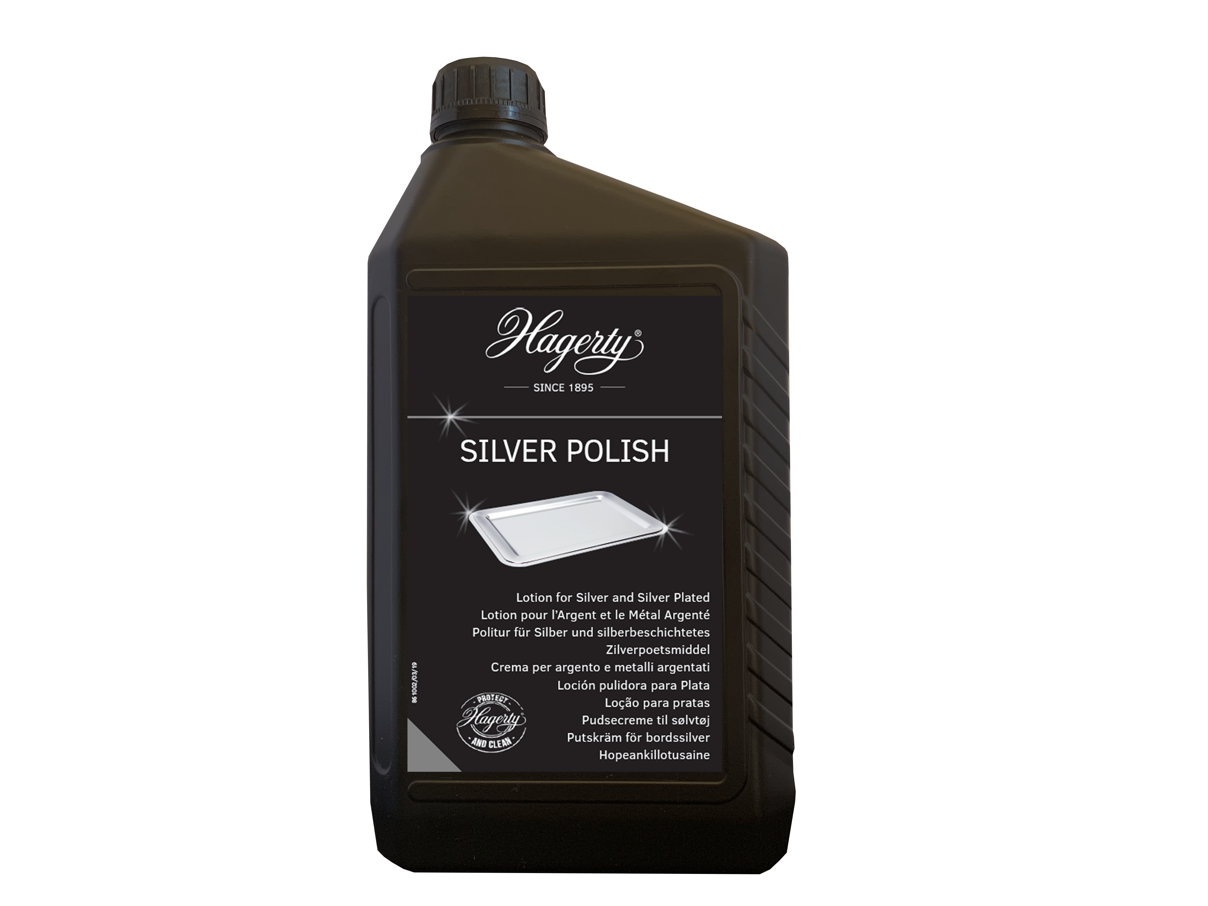 Hagerty Silver polish 2-liter bottle for cleaning and restoring silverware, with a clear label and silver polish inside.