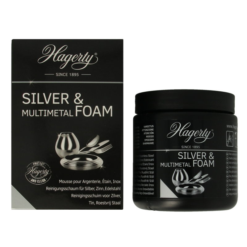 Hagerty Silver Foam Multimetal cleaner in 185g container, used for polishing and cleaning silver and other metals.