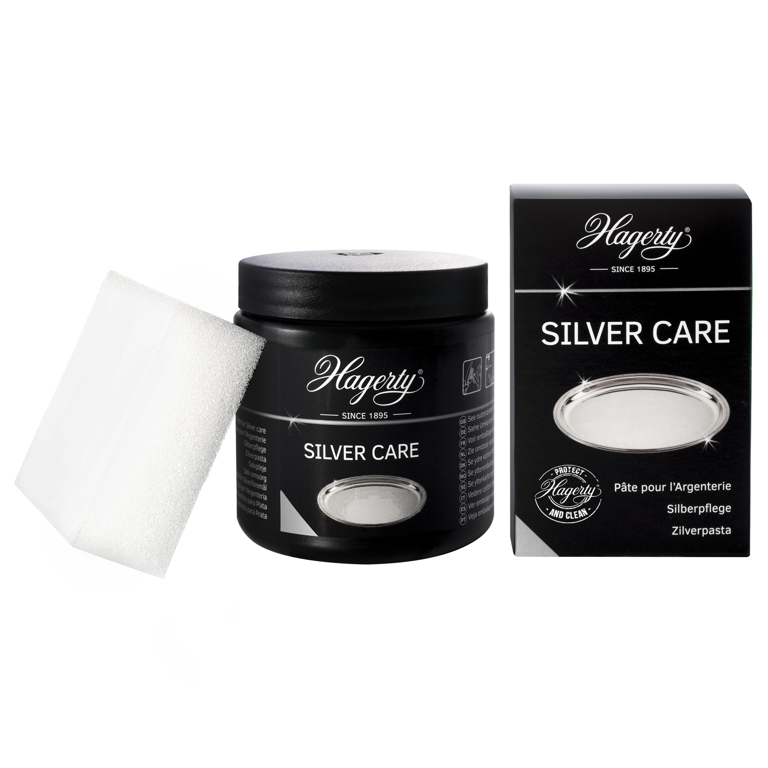 Hagerty Silver Care 185g silver cleaning paste in a metal tin, designed for polishing and maintaining silver jewelry and tableware.