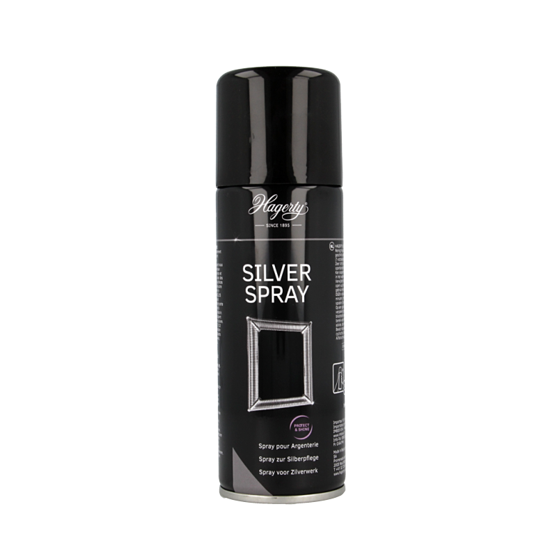 Hagerty Silver spray in 200ml bottle, cleaning product for silver jewelry andware, with a silver-colored spray nozzle.