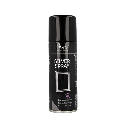 Hagerty Silver spray in 200ml bottle, cleaning product for silver jewelry andware, with a silver-colored spray nozzle.