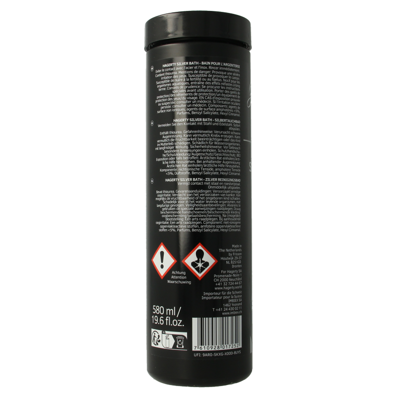 Hagerty Silver Bath Pro cleaner in a 580ml bottle, designed for cleaning and polishing silver items.