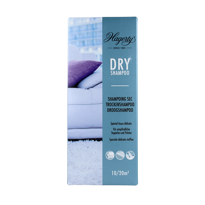 Hagerty droogshampoo in 500 gram container, a cleaning product for refreshing carpets and textiles.