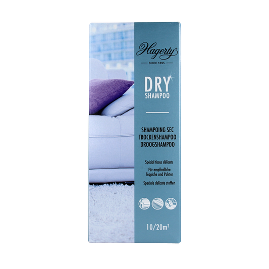 Hagerty droogshampoo in 500 gram container, a cleaning product for refreshing carpets and textiles.