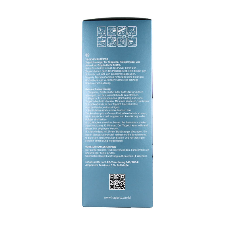 Hagerty Tapijt droogshampoo 500g container for cleaning carpets, shown with the product label and packaging.