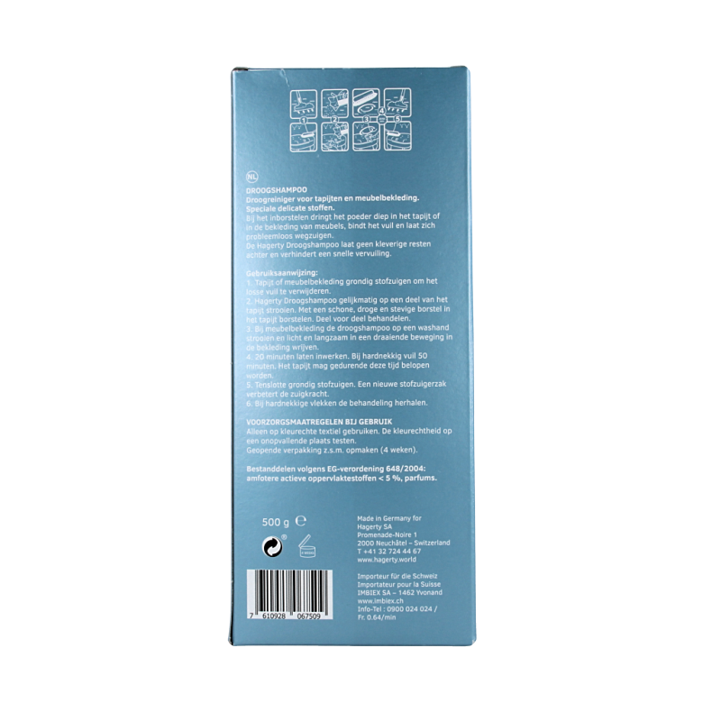 Hagerty tapijt droogshampoo in 500 gram container, cleaning product for upholstery and carpets, with a white container and label