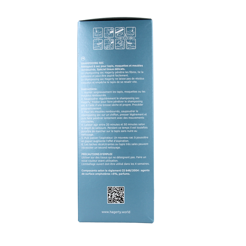 Hagerty droogshampoo in 500g container, a cleaning product for refreshing carpets and textiles.